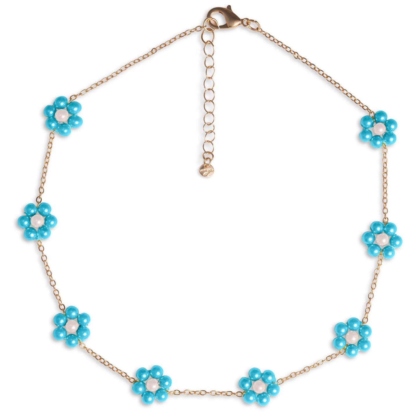Collana girocollo a catena con fiori in acrilico perlati azzurri