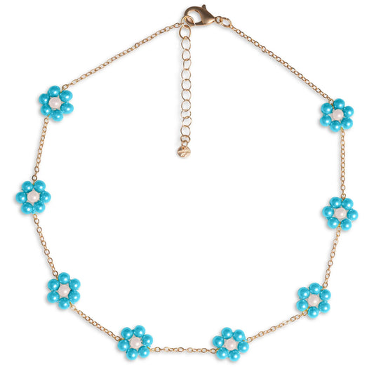 Collana girocollo a catena con fiori in acrilico perlati azzurri